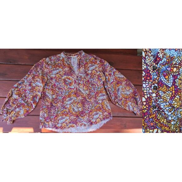 Maeve by Anthropology Peasant Bohemian Blouse Balloon Sleeves Orange Floral Sz L - Picture 1 of 10